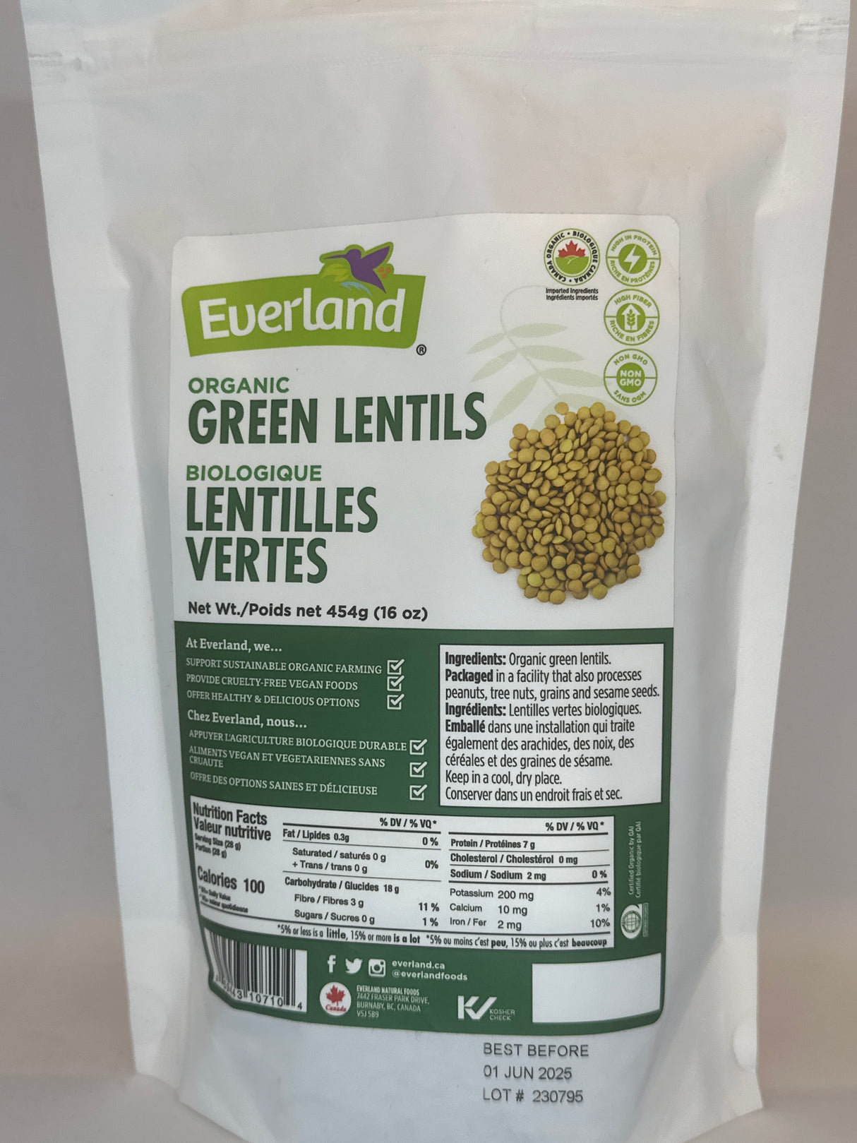 EVERLAND ORGANIC GREEN LENTIL 454GM